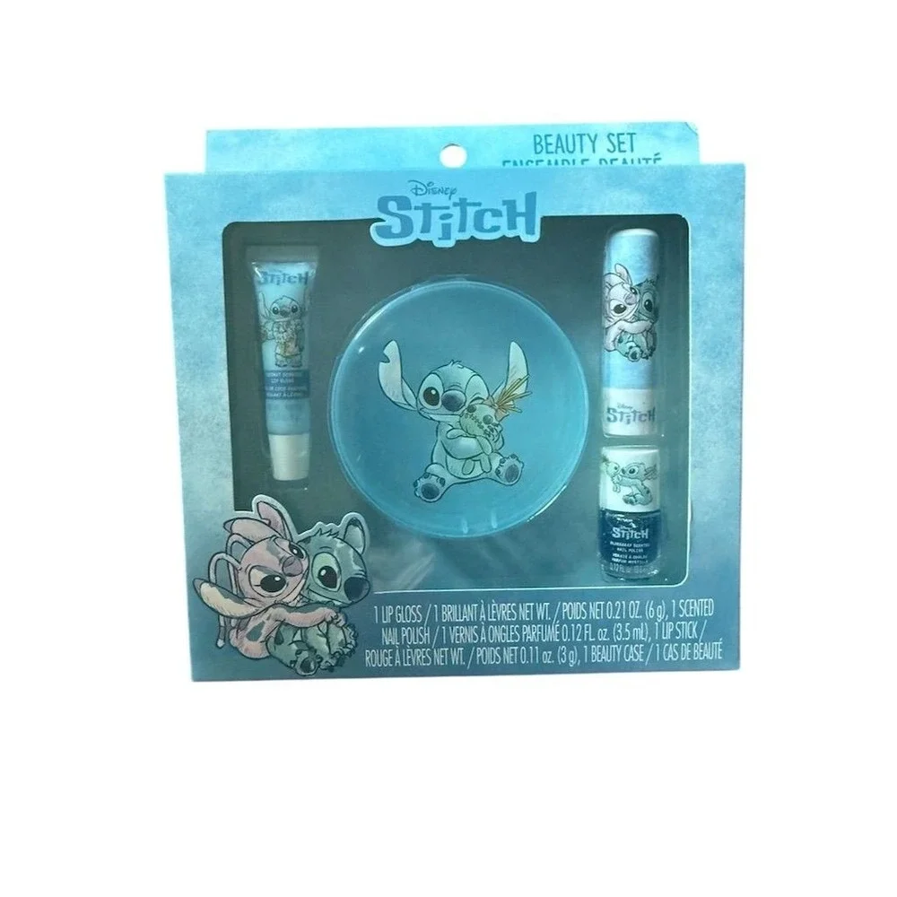 Disney Stitch Beauty Set Lip Gloss Nail Polish Lip Stick & Case stocking stuffer